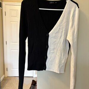 SHEIN Black & White Colorblock Ribbed V-Neck Cardigan